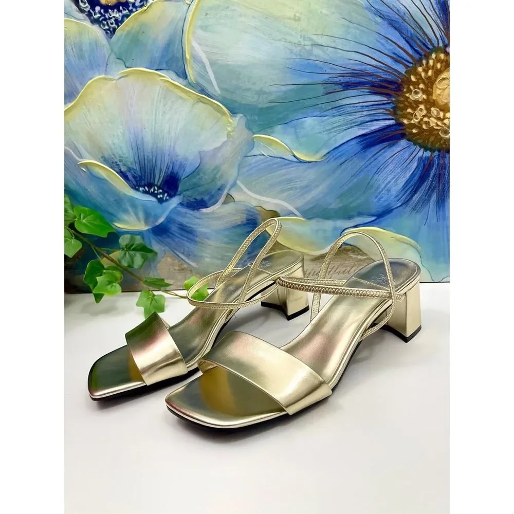 Jeffrey Campbell Gold Metallic Block Heel Strappy Square Toe Sandals 8